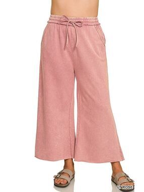 Zenana washed french terry cropped pants-Light Rose 2X